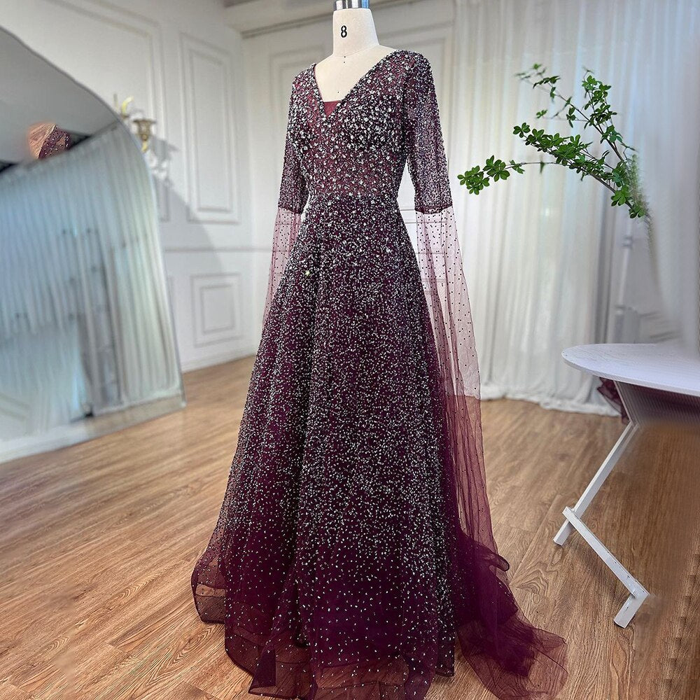 Vestido de noche árabe morado con escote en V y mangas estilo capa, con cuentas, corte en A, para mujer, ideal para bodas 2025 LA72146 