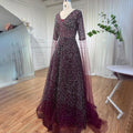 Vestido de noche árabe morado con escote en V y mangas estilo capa, con cuentas, corte en A, para mujer, ideal para bodas 2025 LA72146 