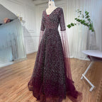 Vestido de noche árabe morado con escote en V y mangas estilo capa, con cuentas, corte en A, para mujer, ideal para bodas 2025 LA72146 