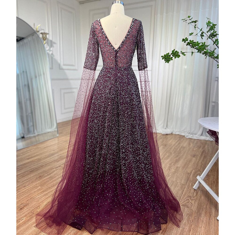 Vestido de noche árabe morado con escote en V y mangas estilo capa, con cuentas, corte en A, para mujer, ideal para bodas 2025 LA72146 