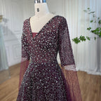 Vestido de noche árabe morado con escote en V y mangas estilo capa, con cuentas, corte en A, para mujer, ideal para bodas 2025 LA72146 