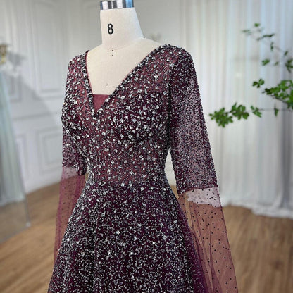 Vestido de noche árabe morado con escote en V y mangas estilo capa, con cuentas, corte en A, para mujer, ideal para bodas 2025 LA72146 