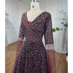Vestido de noche árabe morado con escote en V y mangas estilo capa, con cuentas, corte en A, para mujer, ideal para bodas 2025 LA72146 