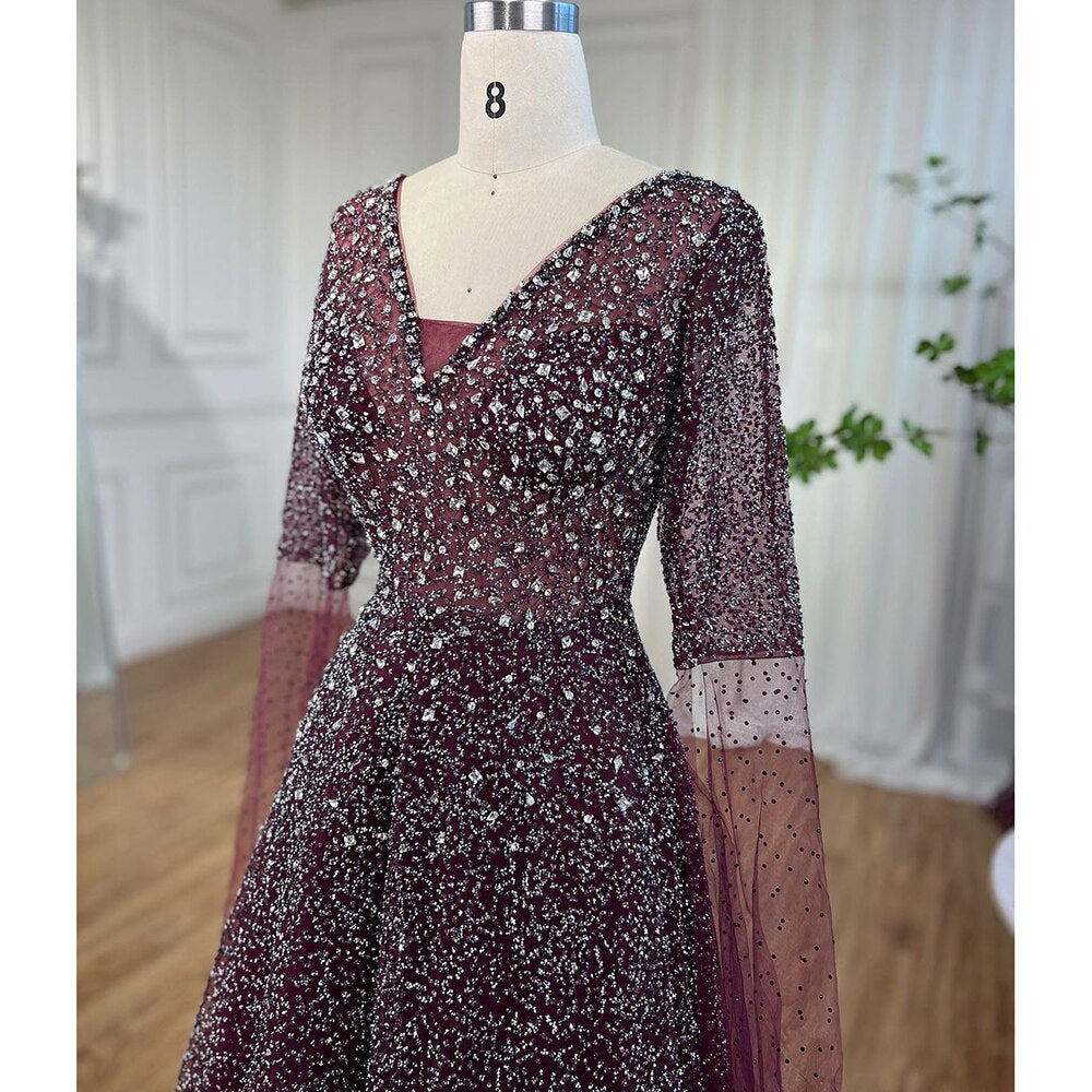 Vestido de noche árabe morado con escote en V y mangas estilo capa, con cuentas, corte en A, para mujer, ideal para bodas 2025 LA72146 