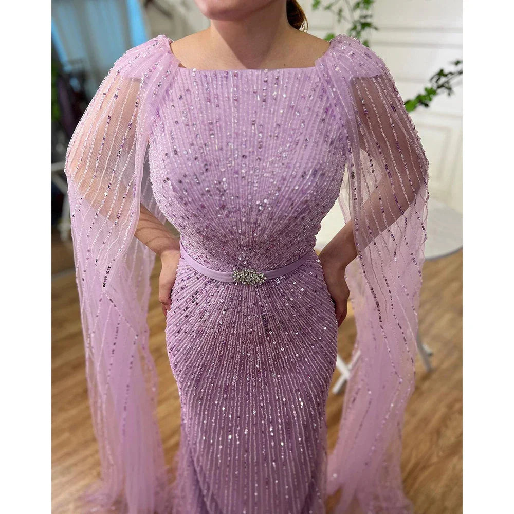 Vestido de noche largo estilo sirena árabe morado con mangas estilo capa y cuentas, de lujo, estilo Dubái, para mujer, fiesta 2025, LA71909