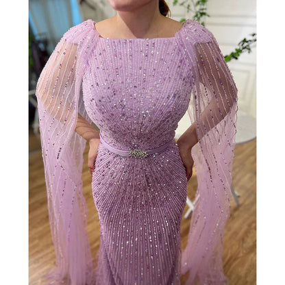 Vestido de noche largo estilo sirena árabe morado con mangas estilo capa y cuentas, de lujo, estilo Dubái, para mujer, fiesta 2025, LA71909