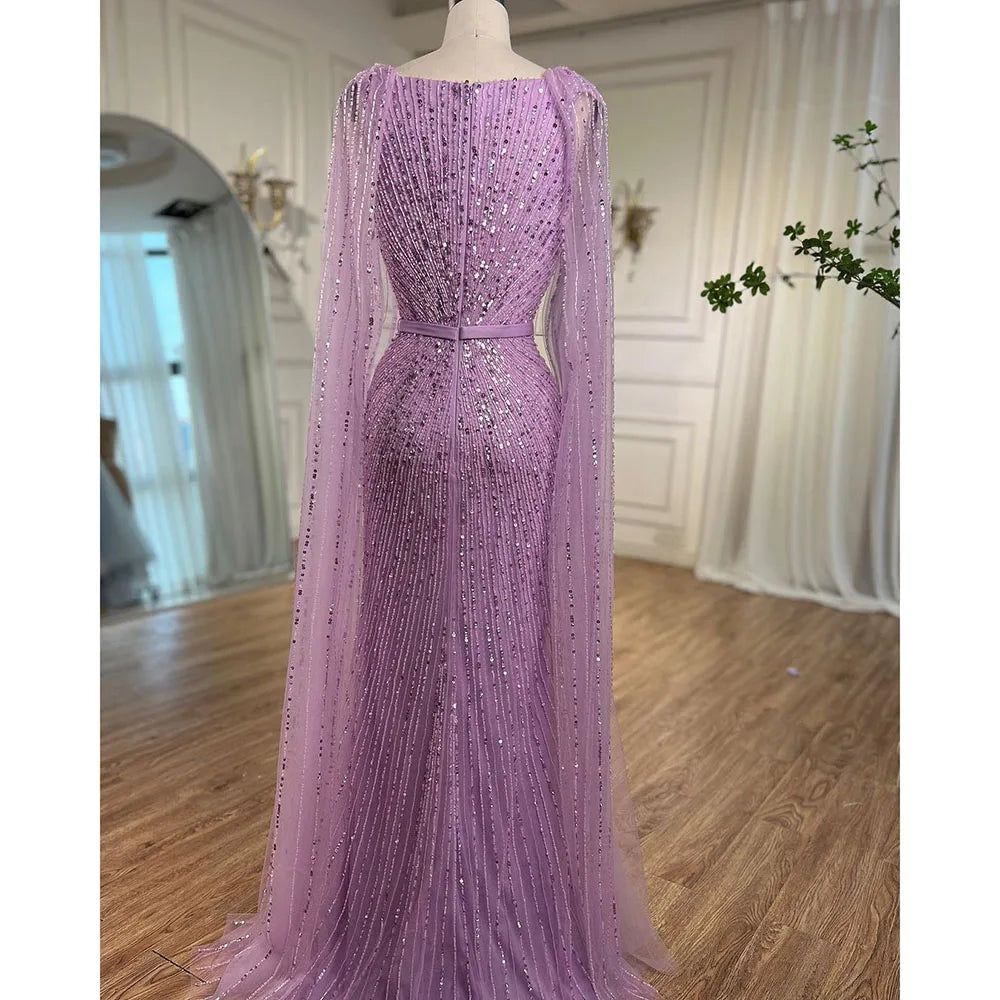 Vestido de noche largo estilo sirena árabe morado con mangas estilo capa y cuentas, de lujo, estilo Dubái, para mujer, fiesta 2025, LA71909
