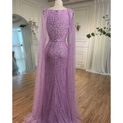 Vestido de noche largo estilo sirena árabe morado con mangas estilo capa y cuentas, de lujo, estilo Dubái, para mujer, fiesta 2025, LA71909