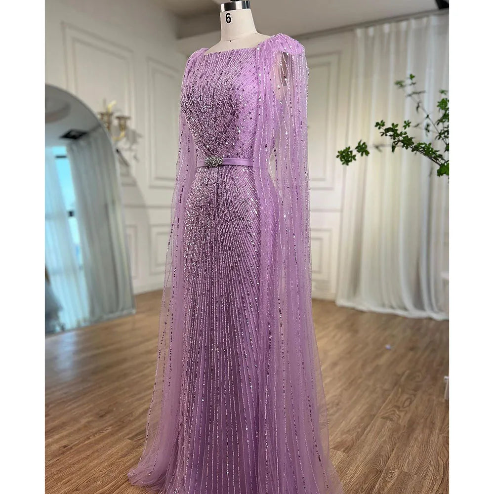 Vestido de noche largo estilo sirena árabe morado con mangas estilo capa y cuentas, de lujo, estilo Dubái, para mujer, fiesta 2025, LA71909