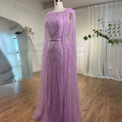 Vestido de noche largo estilo sirena árabe morado con mangas estilo capa y cuentas, de lujo, estilo Dubái, para mujer, fiesta 2025, LA71909