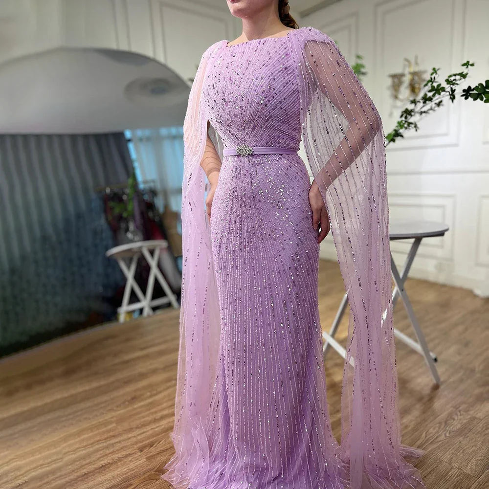 Vestido de noche largo estilo sirena árabe morado con mangas estilo capa y cuentas, de lujo, estilo Dubái, para mujer, fiesta 2025, LA71909