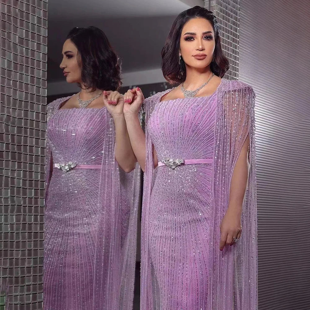 Vestido de noche largo estilo sirena árabe morado con mangas estilo capa y cuentas, de lujo, estilo Dubái, para mujer, fiesta 2025, LA71909