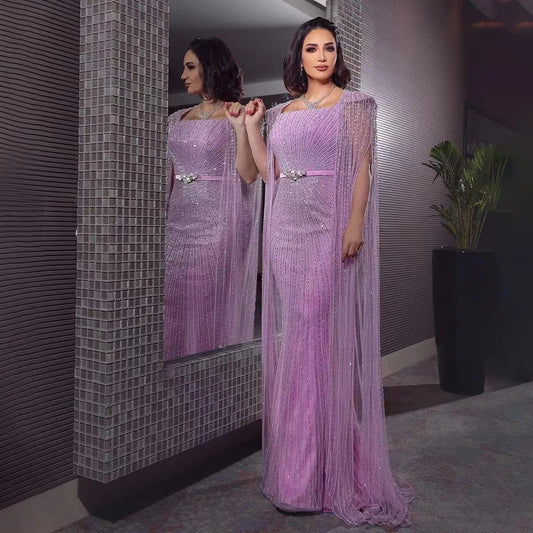 Vestido de noche largo estilo sirena árabe morado con mangas estilo capa y cuentas, de lujo, estilo Dubái, para mujer, fiesta 2025, LA71909