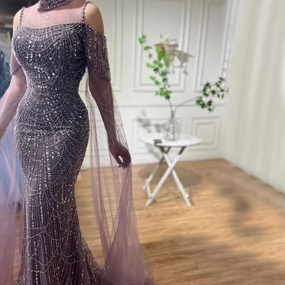 Vestido de noche largo de lujo con mangas abullonadas y cuello halter, estilo sirena árabe morado, para mujer, boda, LA71992 