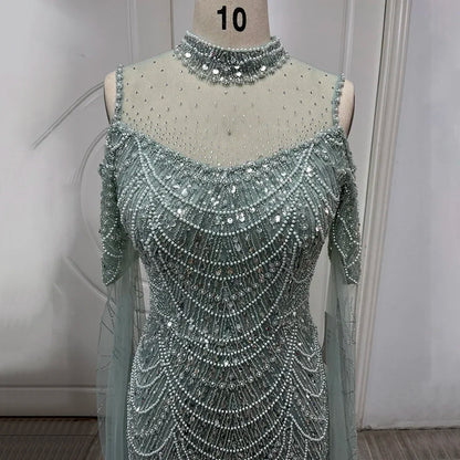 Vestido de noche largo de lujo con mangas abullonadas y cuello halter, estilo sirena árabe morado, para mujer, boda, LA71992 