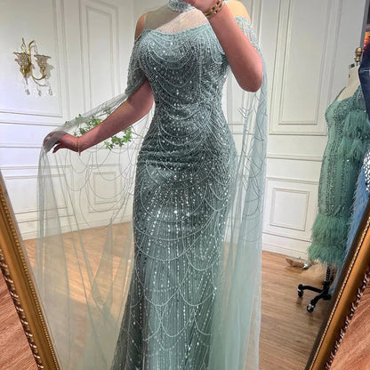 Vestido de noche largo de lujo con mangas abullonadas y cuello halter, estilo sirena árabe morado, para mujer, boda, LA71992 