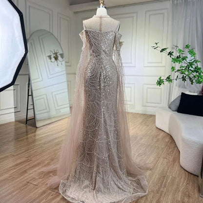 Vestido de noche largo de lujo con mangas abullonadas y cuello halter, estilo sirena árabe morado, para mujer, boda, LA71992 