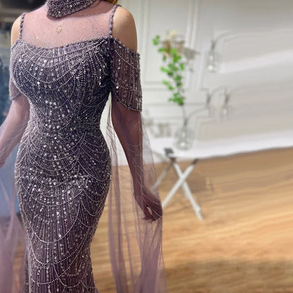 Vestido de noche largo de lujo con mangas abullonadas y cuello halter, estilo sirena árabe morado, para mujer, boda, LA71992 