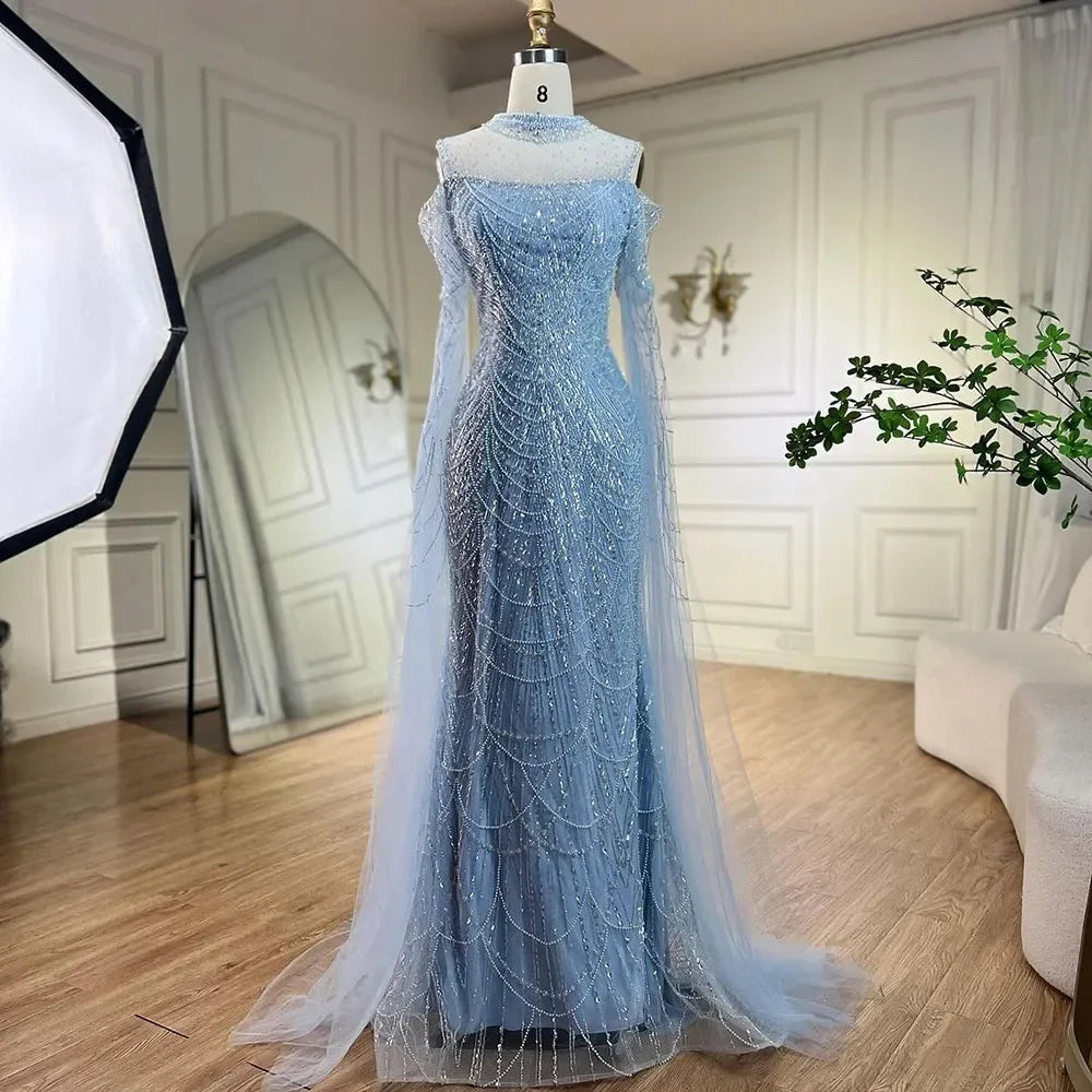 Vestido de noche largo de lujo con mangas abullonadas y cuello halter, estilo sirena árabe morado, para mujer, boda, LA71992 