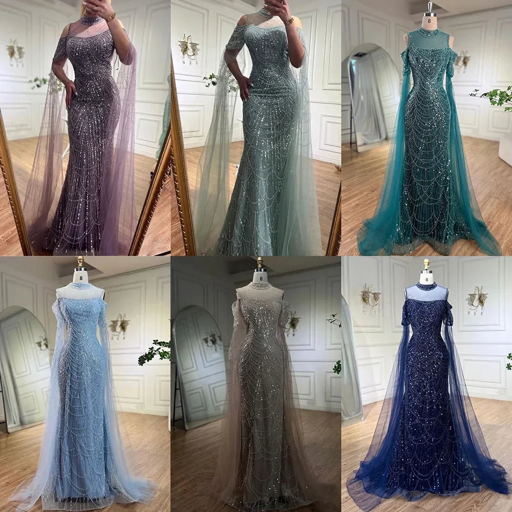 Vestido de noche largo de lujo con mangas abullonadas y cuello halter, estilo sirena árabe morado, para mujer, boda, LA71992 