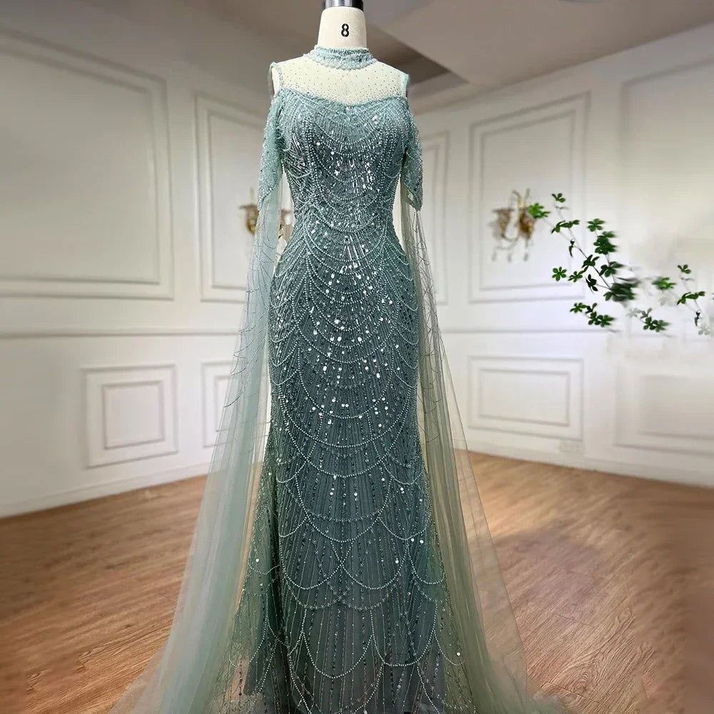 Vestido de noche largo de lujo con mangas abullonadas y cuello halter, estilo sirena árabe morado, para mujer, boda, LA71992 