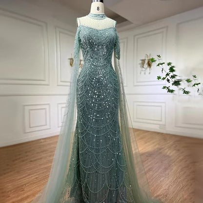 Vestido de noche largo de lujo con mangas abullonadas y cuello halter, estilo sirena árabe morado, para mujer, boda, LA71992 