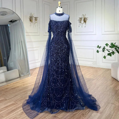 Vestido de noche largo de lujo con mangas abullonadas y cuello halter, estilo sirena árabe morado, para mujer, boda, LA71992 