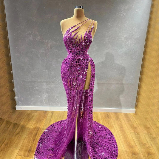 Vestido de noche de lujo con escote sirena, un hombro, abertura alta y cuentas, estilo árabe morado, para mujer, fiesta 2025, LA71820 