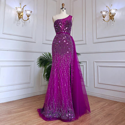 Vestido de noche de lujo con escote sirena, un hombro, abertura alta y cuentas, estilo árabe morado, para mujer, fiesta 2025, LA71820 