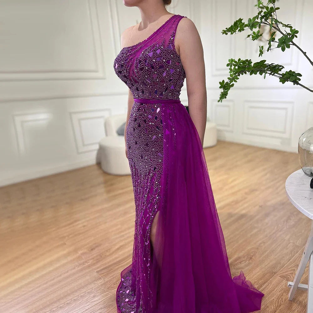 Vestido de noche de lujo con escote sirena, un hombro, abertura alta y cuentas, estilo árabe morado, para mujer, fiesta 2025, LA71820 