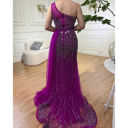 Vestido de noche de lujo con escote sirena, un hombro, abertura alta y cuentas, estilo árabe morado, para mujer, fiesta 2025, LA71820 