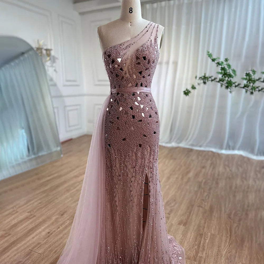 Vestido de noche de lujo con escote sirena, un hombro, abertura alta y cuentas, estilo árabe morado, para mujer, fiesta 2025, LA71820 