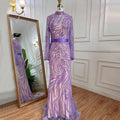 Arabic Purple Mermaid Puff High Neck Sleeves Elegant Beaded Evening Dresses Gowns For Women Party 2025 LA71815