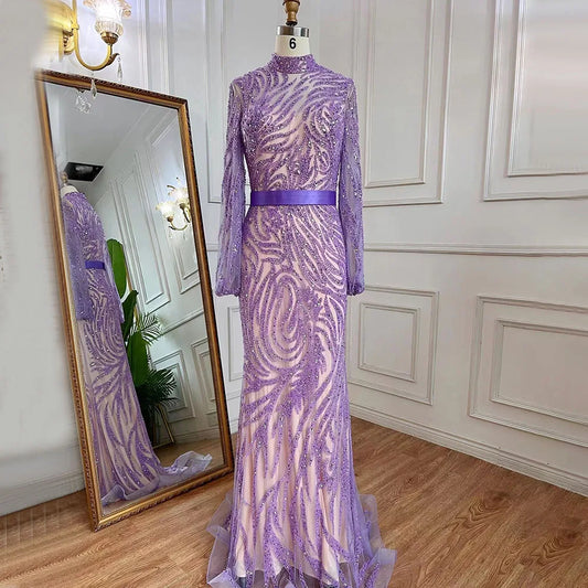 Elegante vestido de noche con cuello alto, mangas abullonadas y apliques de cuentas, estilo sirena árabe morado, para mujer, fiesta 2025 LA71815 