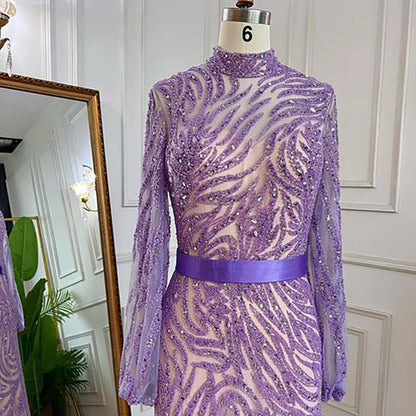 Elegante vestido de noche con cuello alto, mangas abullonadas y apliques de cuentas, estilo sirena árabe morado, para mujer, fiesta 2025 LA71815 