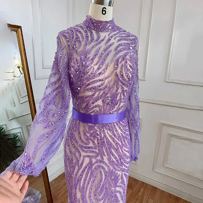Elegante vestido de noche con cuello alto, mangas abullonadas y apliques de cuentas, estilo sirena árabe morado, para mujer, fiesta 2025 LA71815 