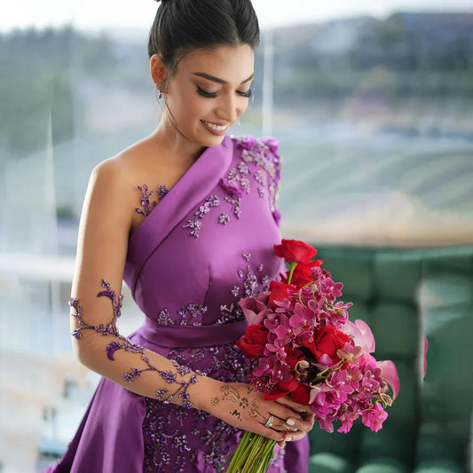 Vestidos de noche elegantes de Dubái, de satén, morado y sirena, con encaje y cuentas, para mujer, para fiesta, LA72179 