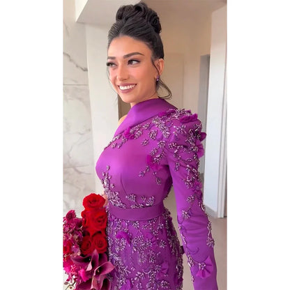 Arabisch Lila Meerjungfrau Satin Spitze Perlen Luxus Dubai Abendkleider Kleider 2025 Elegant Für Frauen Party LA72179 