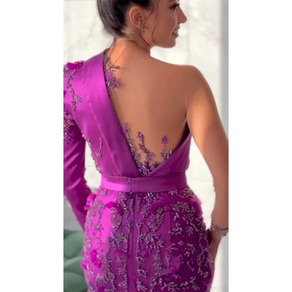 Arabisch Lila Meerjungfrau Satin Spitze Perlen Luxus Dubai Abendkleider Kleider 2025 Elegant Für Frauen Party LA72179 