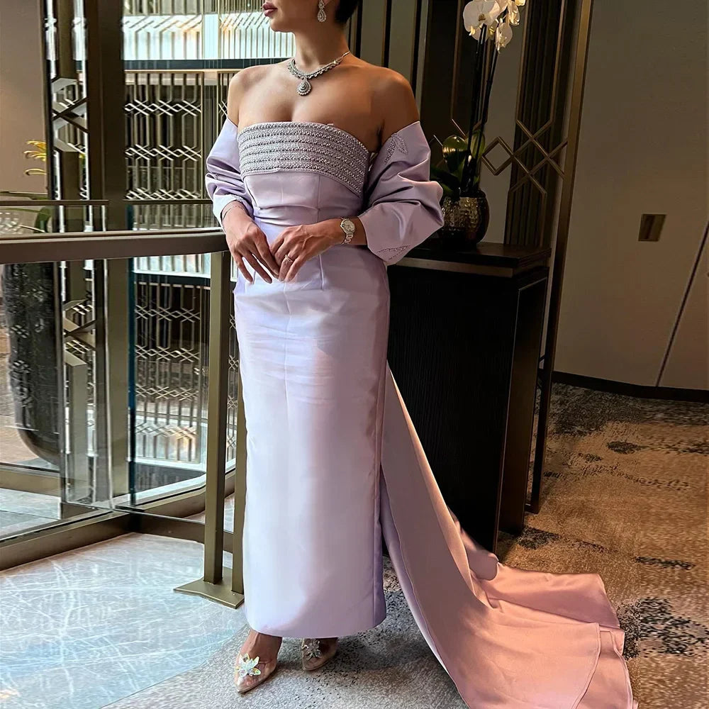 Arabisch Lila Meerjungfrau Satin Trägerlos Mit Jacke Perlen Abendkleider Kleider 2025 Für Frauen Hochzeit Party LA71897 