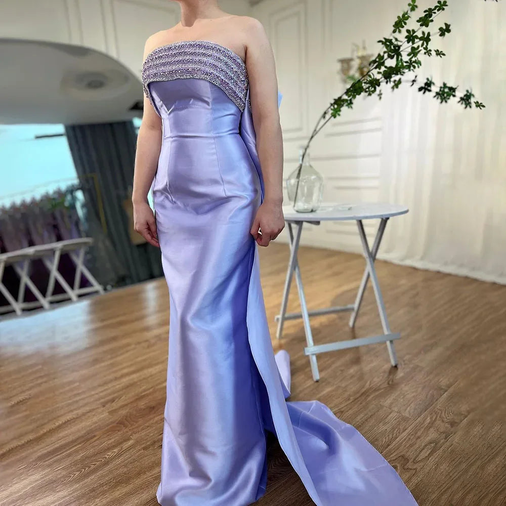 Vestido de noche árabe de sirena morada, de satén, sin tirantes, con chaqueta y cuentas, para mujer, 2025, para boda, fiesta, LA71897 