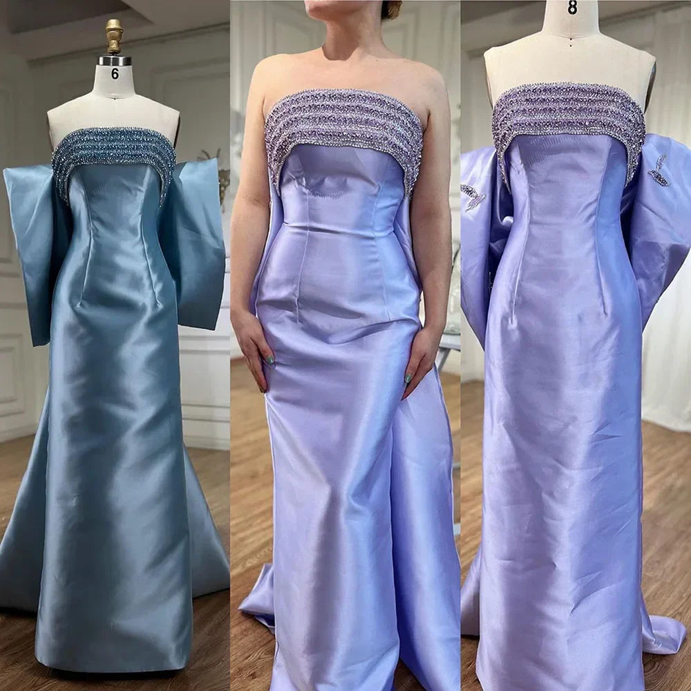Arabic Purple Mermaid Satin Strapless With Jacket Beaded Evening Dresses Gowns 2025 For Women Wedding Party LA71897