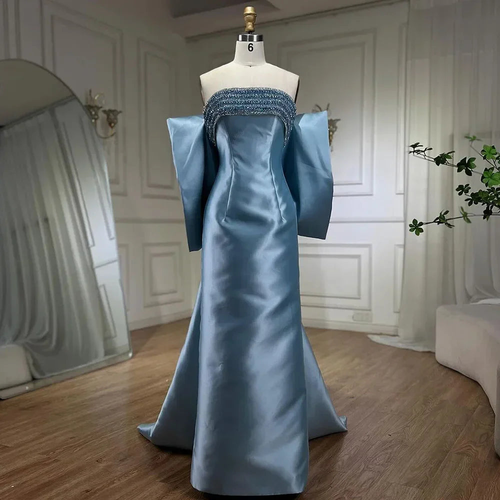 Arabisch Lila Meerjungfrau Satin Trägerlos Mit Jacke Perlen Abendkleider Kleider 2025 Für Frauen Hochzeit Party LA71897 