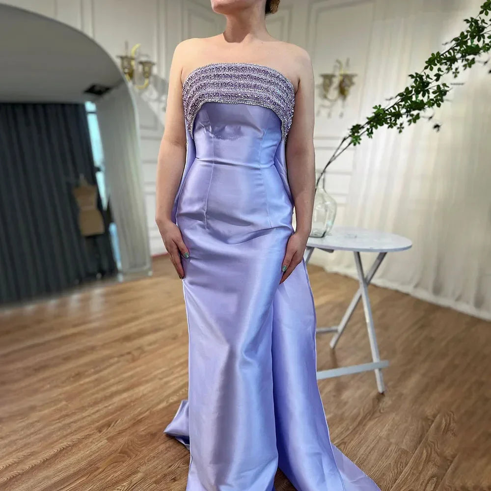 Arabisch Lila Meerjungfrau Satin Trägerlos Mit Jacke Perlen Abendkleider Kleider 2025 Für Frauen Hochzeit Party LA71897 