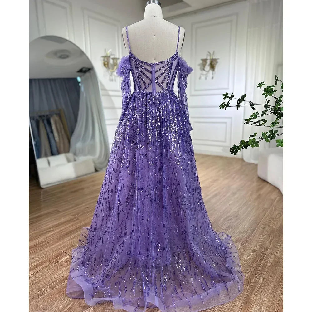 Arabisch Lila Sexy Spaghetti Strap Lange Ärmel Perlen Luxus A-linie Dubai Abendkleider 2025 LA72234 