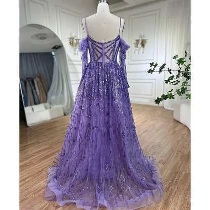 Arabisch Lila Sexy Spaghetti Strap Lange Ärmel Perlen Luxus A-linie Dubai Abendkleider 2025 LA72234 