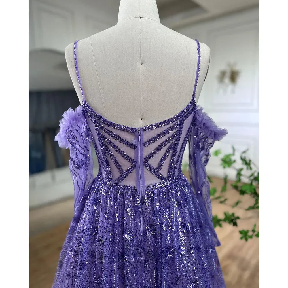 Arabisch Lila Sexy Spaghetti Strap Lange Ärmel Perlen Luxus A-linie Dubai Abendkleider 2025 LA72234 