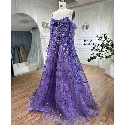 Arabisch Lila Sexy Spaghetti Strap Lange Ärmel Perlen Luxus A-linie Dubai Abendkleider 2025 LA72234 