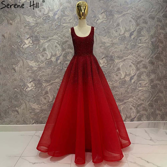 Vestidos de noche árabes rojos de lujo con cuentas de cristal, estilo Dubái, sexys, para mujer, para fiesta de boda, LA70232A 