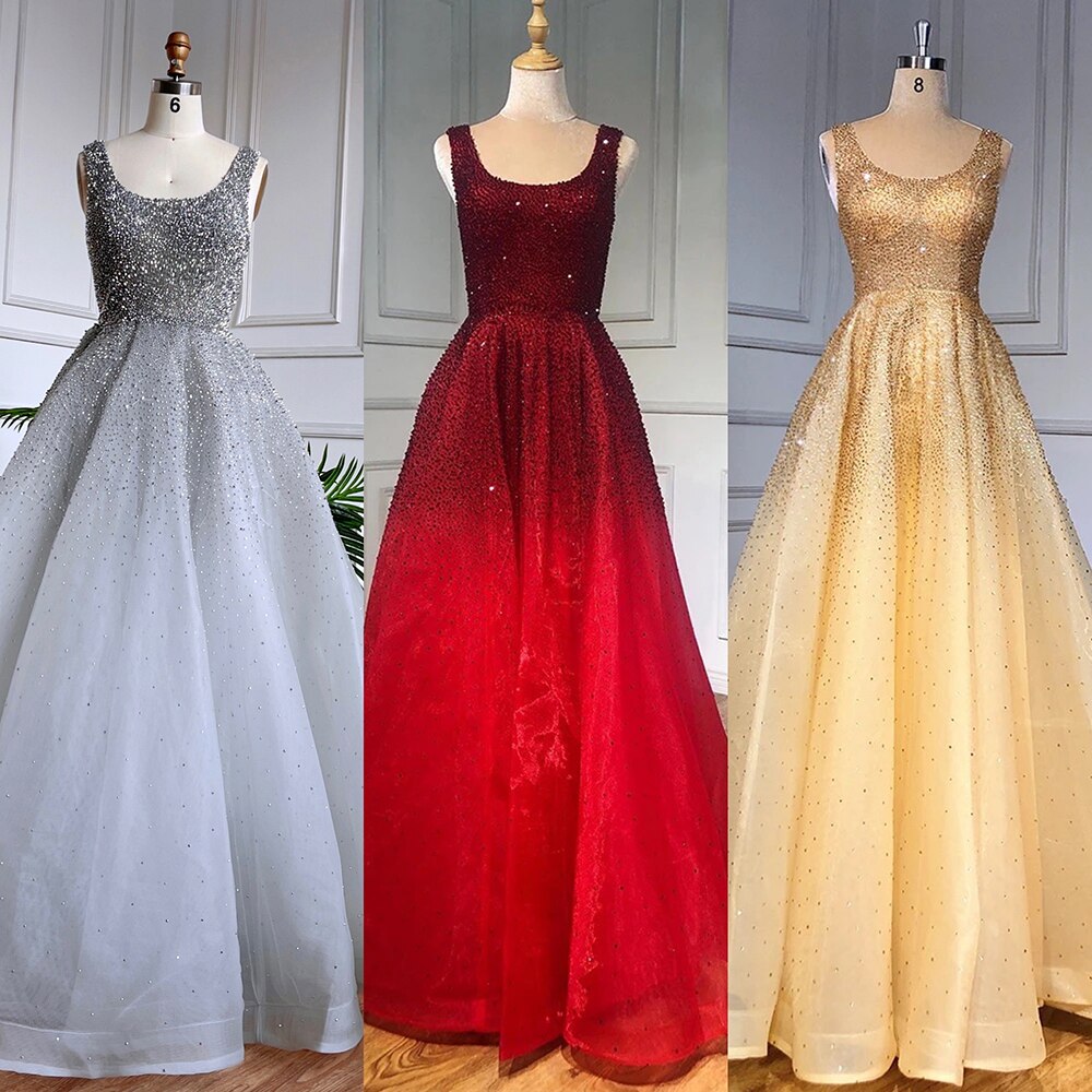 Vestidos de noche árabes rojos de lujo con cuentas de cristal, estilo Dubái, sexys, para mujer, para fiesta de boda, LA70232A 
